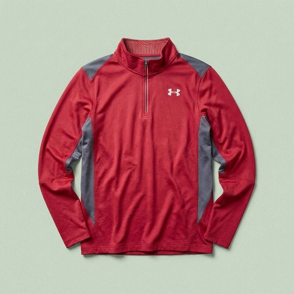 UNDER ARMOUR 1/4 Zip Performance Pullover Red Gray Fitted ColdGear Mens Small